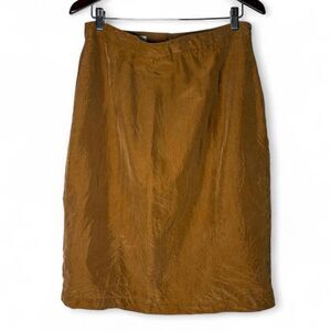 y2K 100% Silk Copper Rust Brown Pencil Skirt Plus Size 16 Lined, Textured Silk